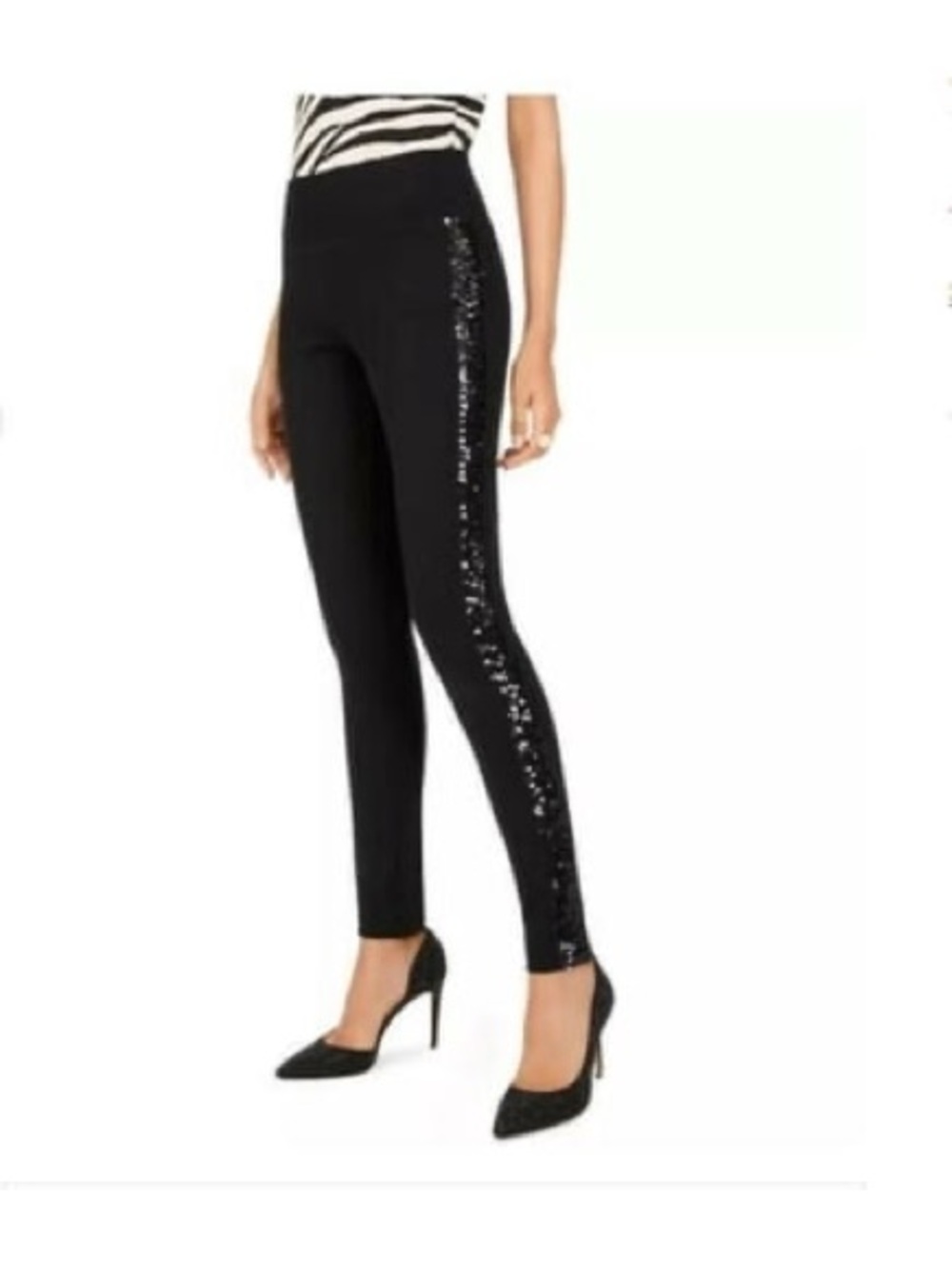 INC International Concepts Black Ponte Sequin Side Stripe Skinny Pants NWT Sz 10